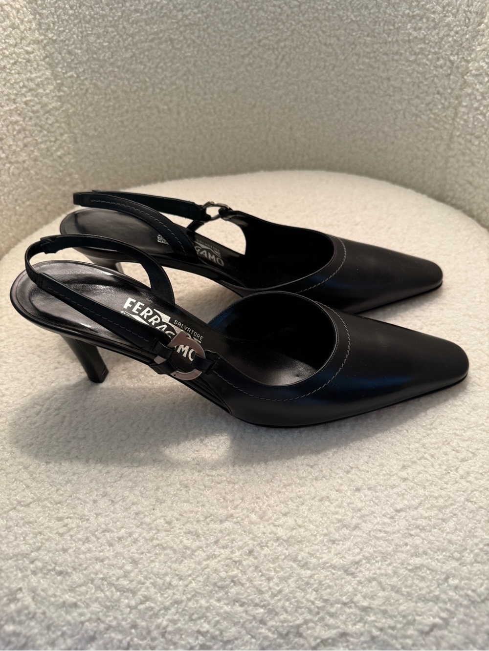 Salvatore Ferragamo Black Leather Pointed Slingback Heels